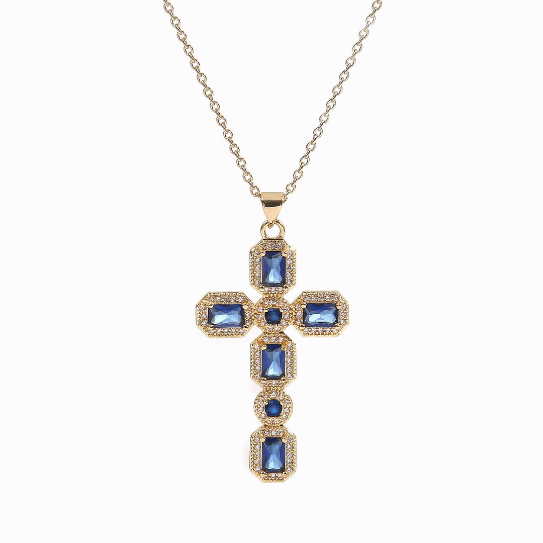 Diamond Baguette and Sapphire Cross Pendant Necklace