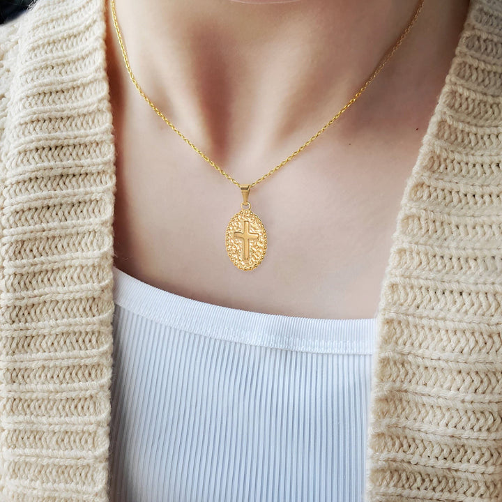 Gold Plated Oval Cross Necklace