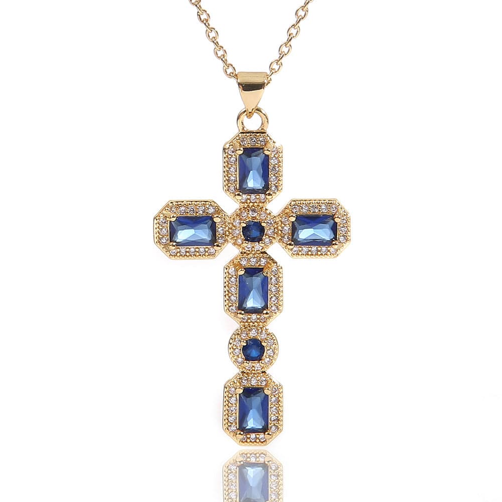 Diamond Baguette and Sapphire Cross Pendant Necklace