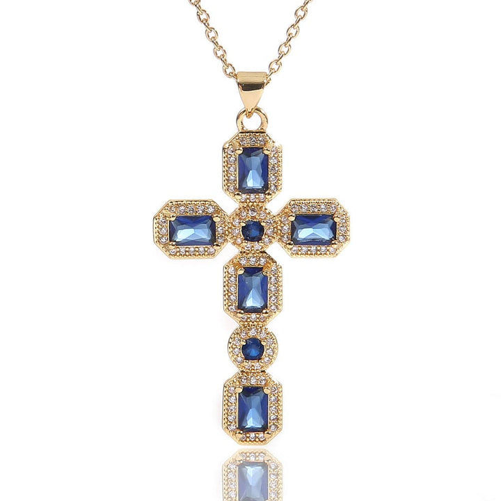 Diamond Baguette and Sapphire Cross Pendant Necklace