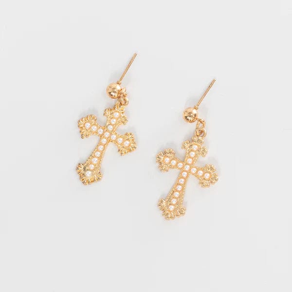 Golden Cross Pearl Earrings