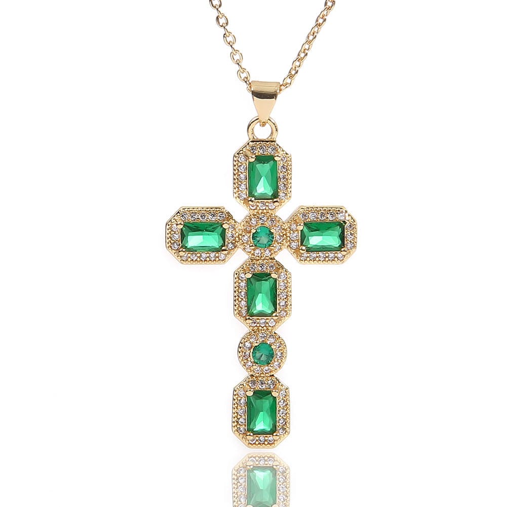 Diamond Baguette and Sapphire Cross Pendant Necklace