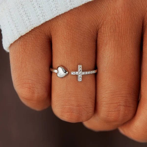 Adjustable Silver Heart Cross Ring