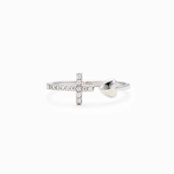 Adjustable Silver Heart Cross Ring