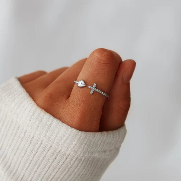 Adjustable Silver Heart Cross Ring