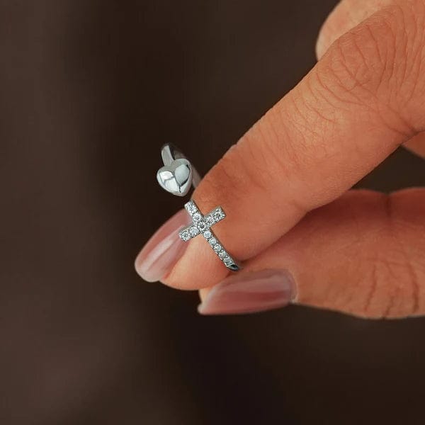 Adjustable Silver Heart Cross Ring