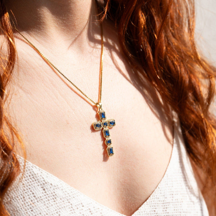 Diamond Baguette and Sapphire Cross Pendant Necklace