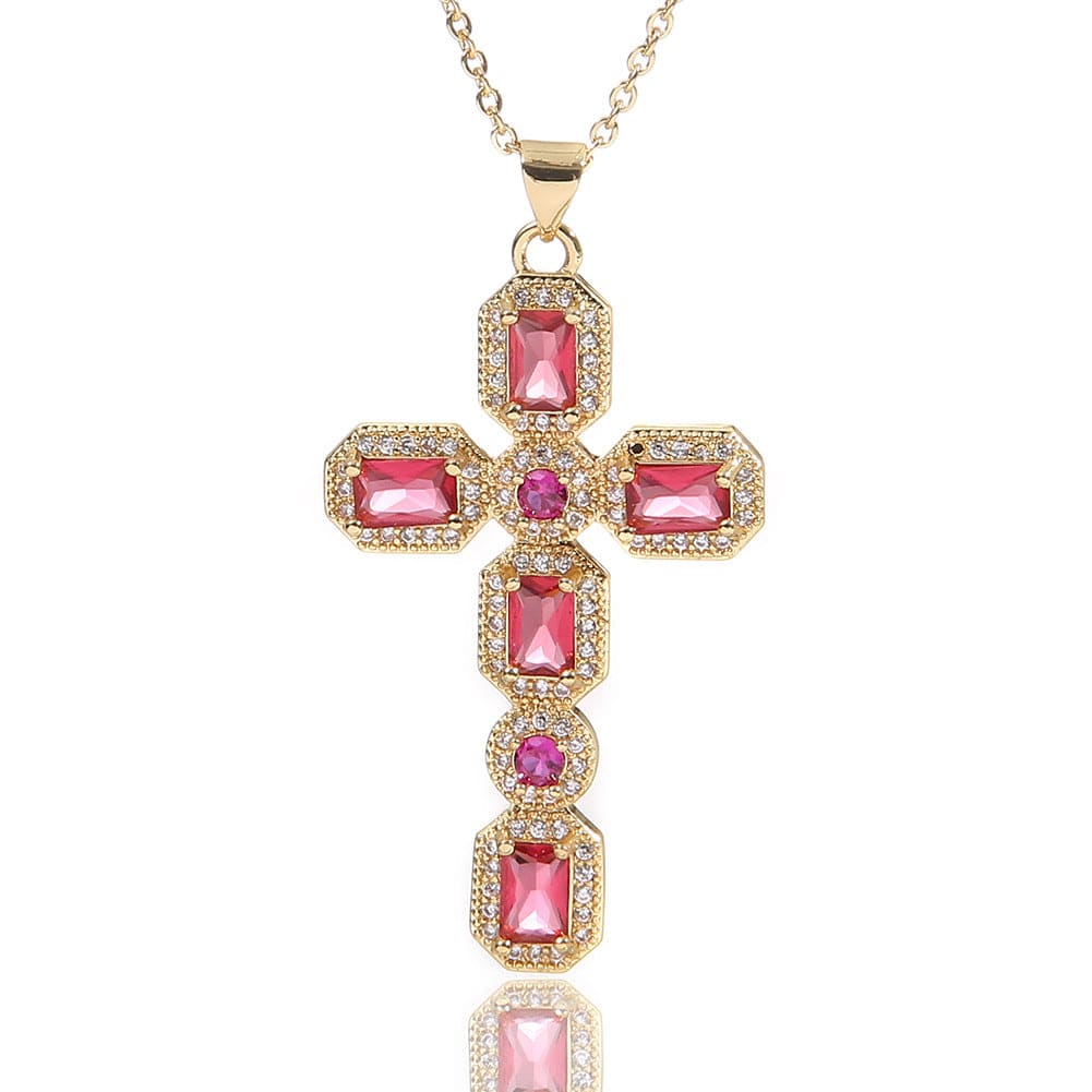 Diamond Baguette and Sapphire Cross Pendant Necklace