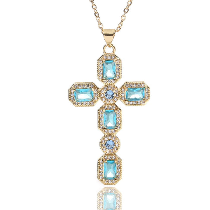 Diamond Baguette and Sapphire Cross Pendant Necklace